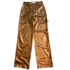 LC Lizette Collection Metallic Bronze Cargo Pants Women Sz L High Rise Wide leg